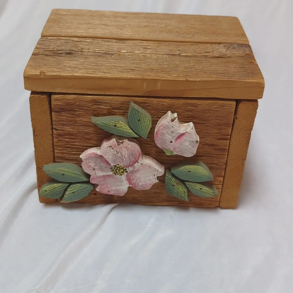 Hand Crafted Solid Wood Lidded 3D Floral Rustic Cottage Storage or Wedding Box